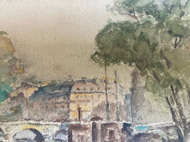 Peinture Seine Paris Quai Aquarelle 1950  Bateau Art Péniche À Identifier