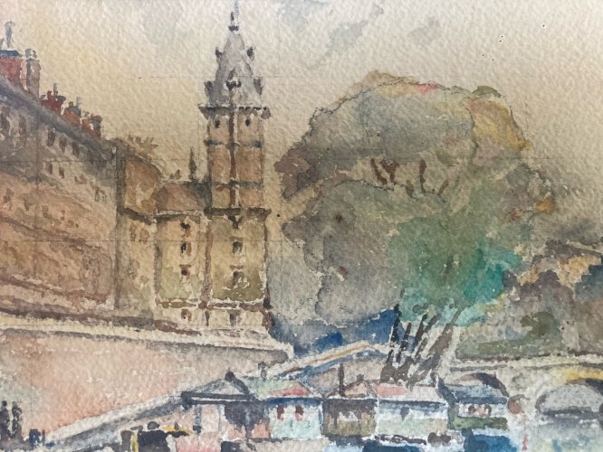 Peinture Seine Paris Quai Aquarelle 1950  Bateau Art Péniche À Identifier