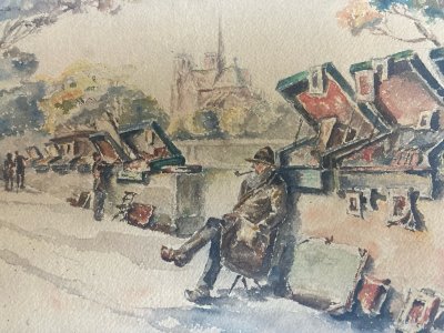 Peinture Seine Paris Quai Aquarelle 1950  Notre Dame Bouquiniste Ancien