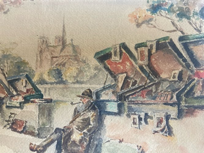 Peinture Seine Paris Quai Aquarelle 1950  Notre Dame Bouquiniste Ancien