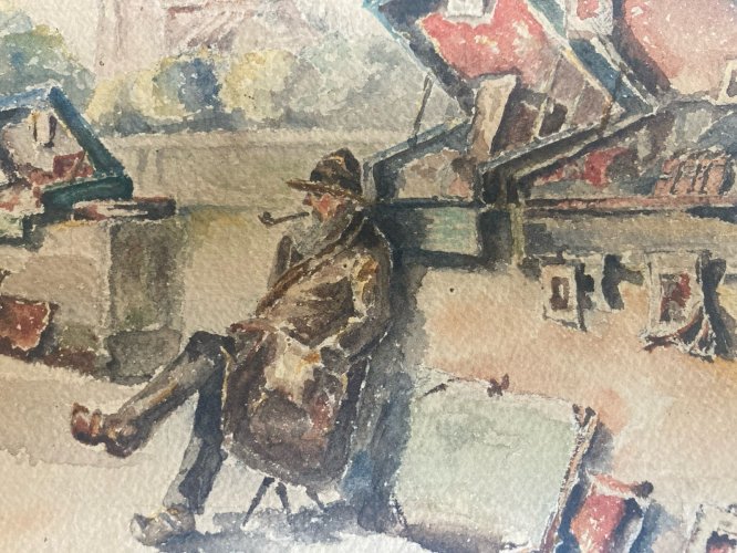 Peinture Seine Paris Quai Aquarelle 1950  Notre Dame Bouquiniste Ancien
