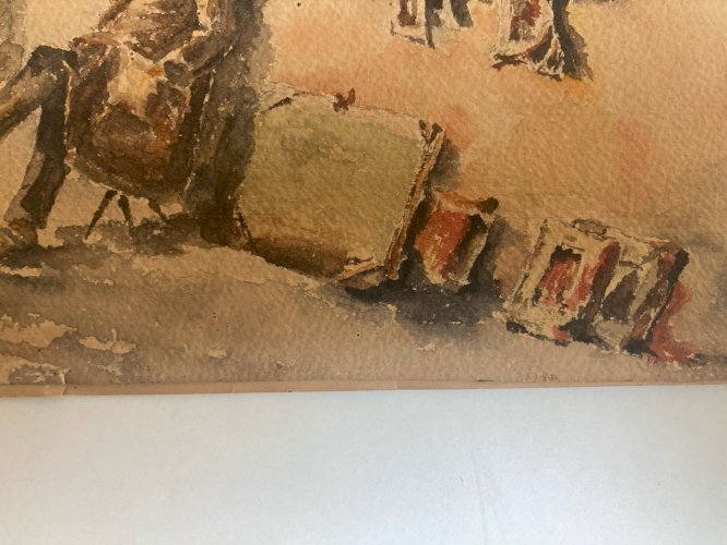 Peinture Seine Paris Quai Aquarelle 1950  Notre Dame Bouquiniste Ancien