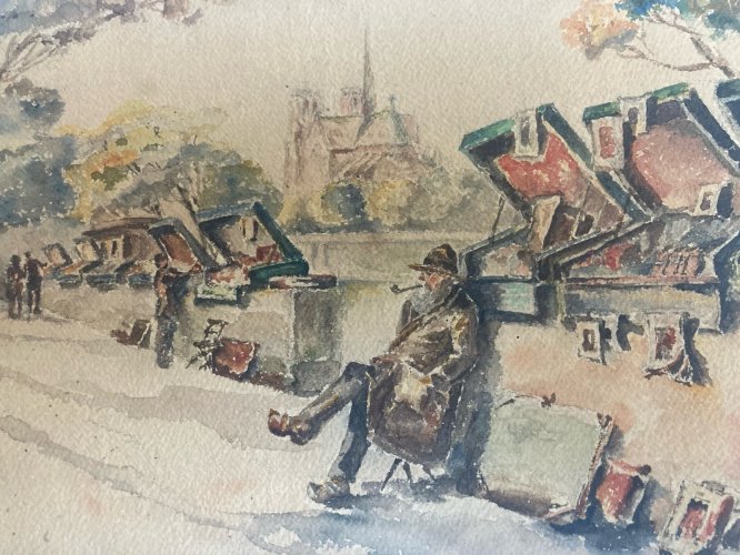 Peinture Seine Paris Quai Aquarelle 1950  Notre Dame Bouquiniste Ancien