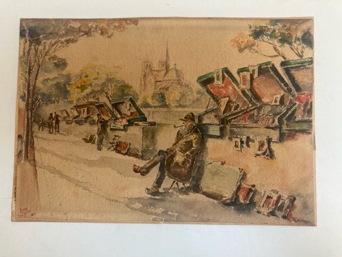 Peinture Seine Paris Quai Aquarelle 1950  Notre Dame Bouquiniste Ancien