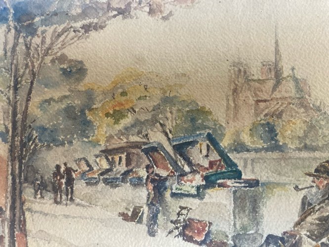 Peinture Seine Paris Quai Aquarelle 1950  Notre Dame Bouquiniste Ancien
