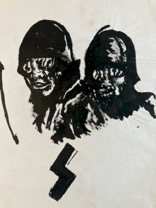 Painting Soldier Helmet Head Death Gouache 1960 Curiosity Art Ink War