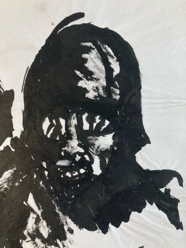 Peinture Soldate Casque Tête Mort Gouache 1960 Curiosité Art Encre Guerre