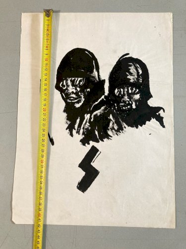 Peinture Soldate Casque Tête Mort Gouache 1960 Curiosité Art Encre Guerre