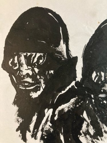 Peinture Soldate Casque Tête Mort Gouache 1960 Curiosité Art Encre Guerre