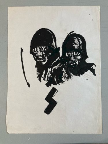 Peinture Soldate Casque Tête Mort Gouache 1960 Curiosité Art Encre Guerre