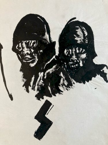 Peinture Soldate Casque Tête Mort Gouache 1960 Curiosité Art Encre Guerre