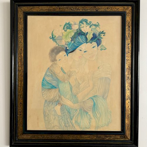 Peinture sur soie La Maternité 1970 par Tran-Long XXe A5630