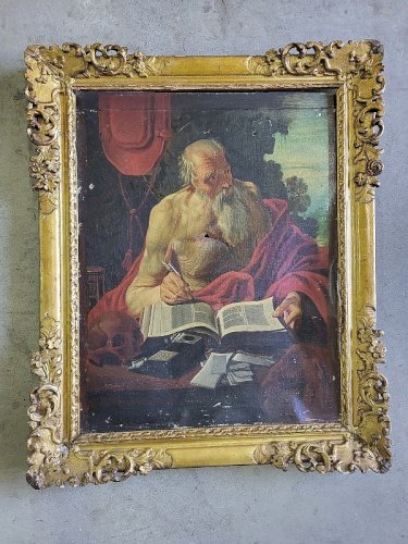 PEINTURE TABLEAU DE SAINT JEROME SIGNE FABROL 1847 A RESTAURER