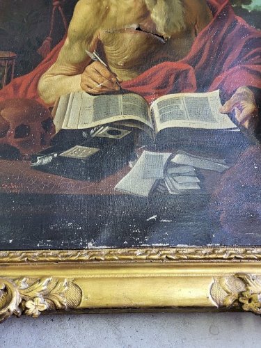 PEINTURE TABLEAU DE SAINT JEROME SIGNE FABROL 1847 A RESTAURER