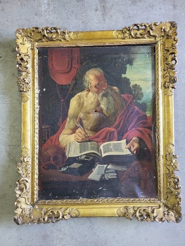 PEINTURE TABLEAU DE SAINT JEROME SIGNE FABROL 1847 A RESTAURER
