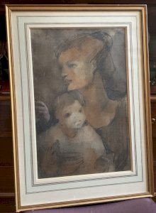 Mixed media painting, pastel, charcoal, Motherhood, signed Matar, dated 1978.