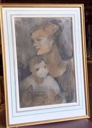 Peinture tableau technique mixte pastel fusain Maternité signé Matar daté 1978