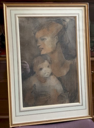 Peinture tableau technique mixte pastel fusain Maternité signé Matar daté 1978