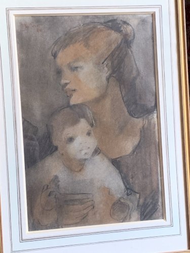 Peinture tableau technique mixte pastel fusain Maternité signé Matar daté 1978