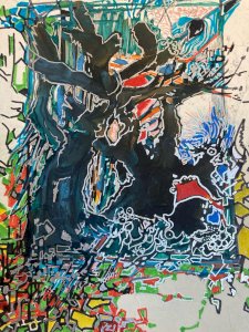 Peinture Technique Mixte Gouache Feutre Crane Vache Abstrait Abstraction 2000