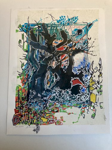 Peinture Technique Mixte Gouache Feutre Crane Vache Abstrait Abstraction 2000