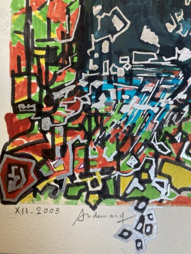 Peinture Technique Mixte Gouache Feutre Crane Vache Abstrait Abstraction 2000