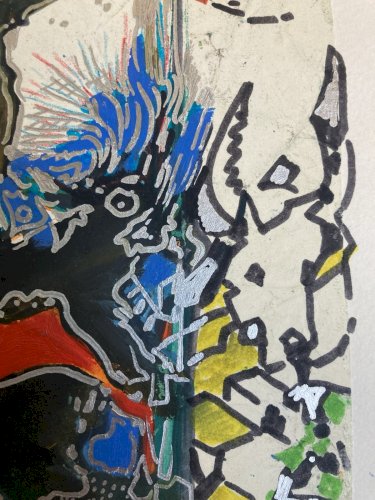 Peinture Technique Mixte Gouache Feutre Crane Vache Abstrait Abstraction 2000