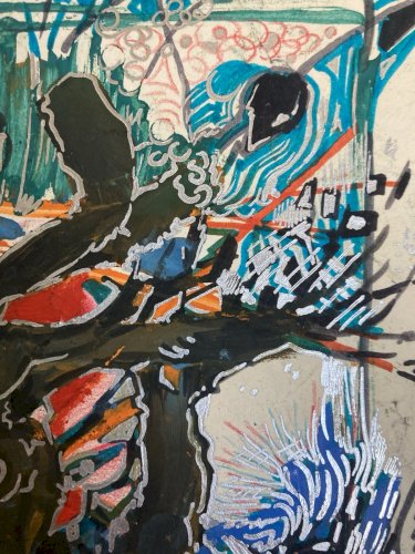 Peinture Technique Mixte Gouache Feutre Crane Vache Abstrait Abstraction 2000