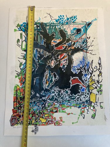 Peinture Technique Mixte Gouache Feutre Crane Vache Abstrait Abstraction 2000