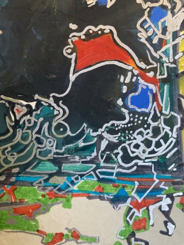 Peinture Technique Mixte Gouache Feutre Crane Vache Abstrait Abstraction 2000