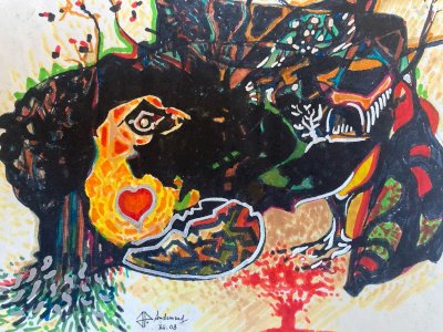 Peinture Technique Mixte Gouache Feutre Oiseau Œuf Abstrait Abstraction 2000 Art