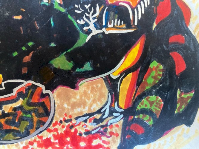 Peinture Technique Mixte Gouache Feutre Oiseau Œuf Abstrait Abstraction 2000 Art