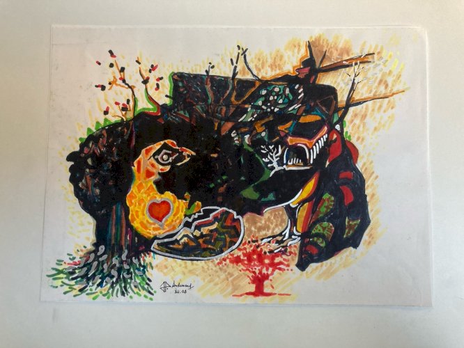 Peinture Technique Mixte Gouache Feutre Oiseau Œuf Abstrait Abstraction 2000 Art