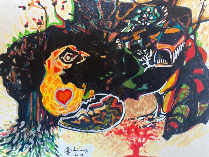 Peinture Technique Mixte Gouache Feutre Oiseau Œuf Abstrait Abstraction 2000 Art