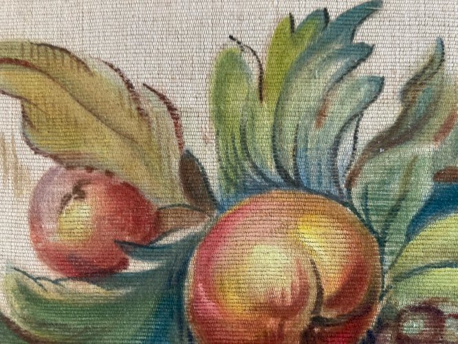 Peinture Toile Tissu décor corbeille de fruits 1930 raisins Fruit