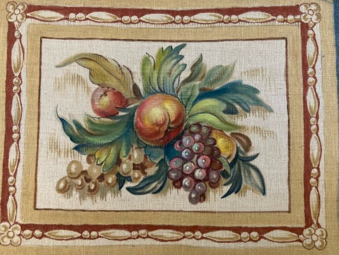 Peinture Toile Tissu décor corbeille de fruits 1930 raisins Fruit