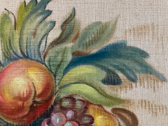 Peinture Toile Tissu décor corbeille de fruits 1930 raisins Fruit