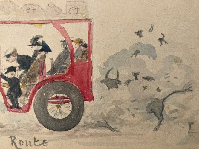 Peinture Voiture XIXe Car Automobile Art Écologie Nature Animal Ancien Painting