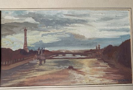 Peinture vue Paris la Seine et le pont Alexandre 3 Anne Marie Guyader 1959