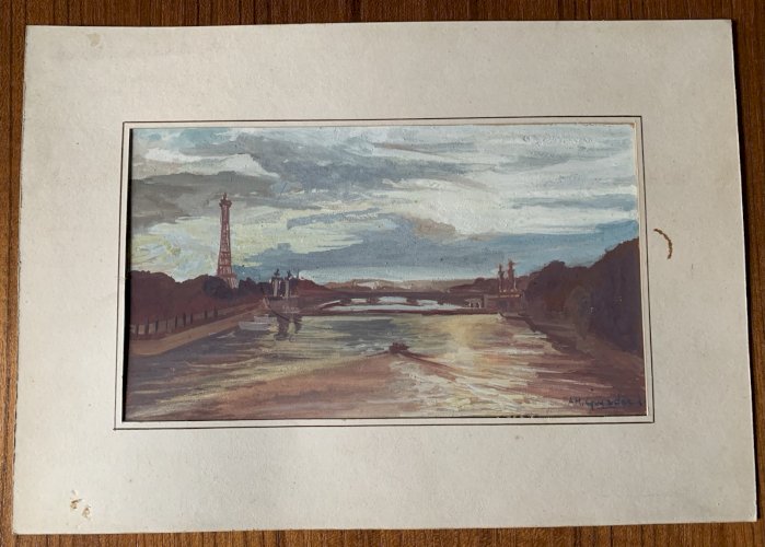 Peinture vue Paris la Seine et le pont Alexandre 3 Anne Marie Guyader 1959