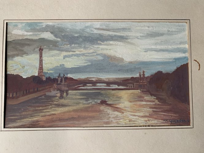 Peinture vue Paris la Seine et le pont Alexandre 3 Anne Marie Guyader 1959