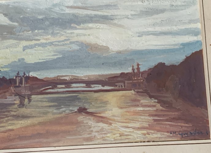Peinture vue Paris la Seine et le pont Alexandre 3 Anne Marie Guyader 1959