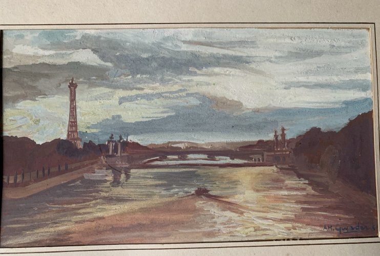 Peinture vue Paris la Seine et le pont Alexandre 3 Anne Marie Guyader 1959