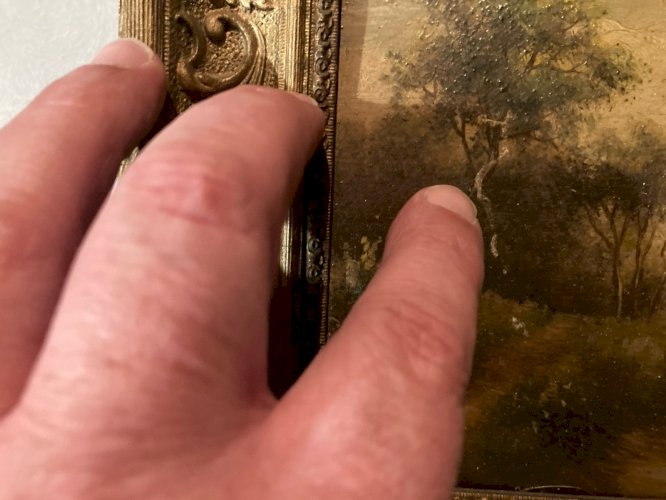 Peinture XIXe Barque Pêche Huile Sur Panneau École De Barbizon Lac Arbre