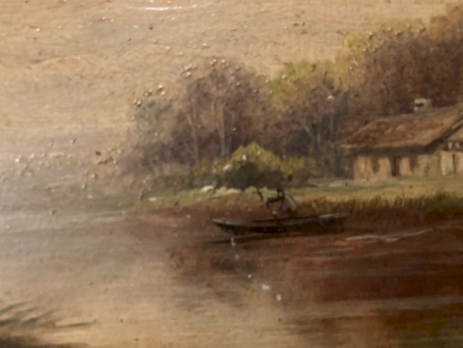 Peinture XIXe Barque Pêche Huile Sur Panneau École De Barbizon Lac Arbre