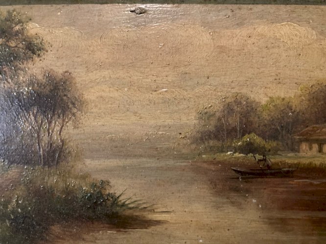Peinture XIXe Barque Pêche Huile Sur Panneau École De Barbizon Lac Arbre