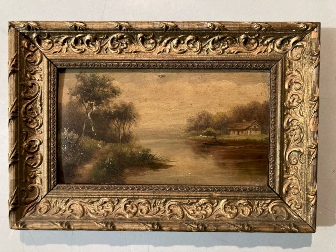 Peinture XIXe Barque Pêche Huile Sur Panneau École De Barbizon Lac Arbre