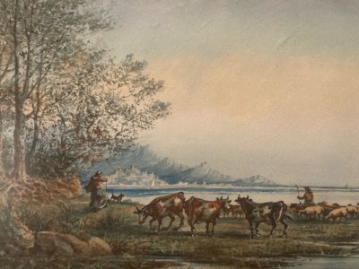 19th Century Painting Gouache Emile Henry Herd Cattle Animal Art Antique