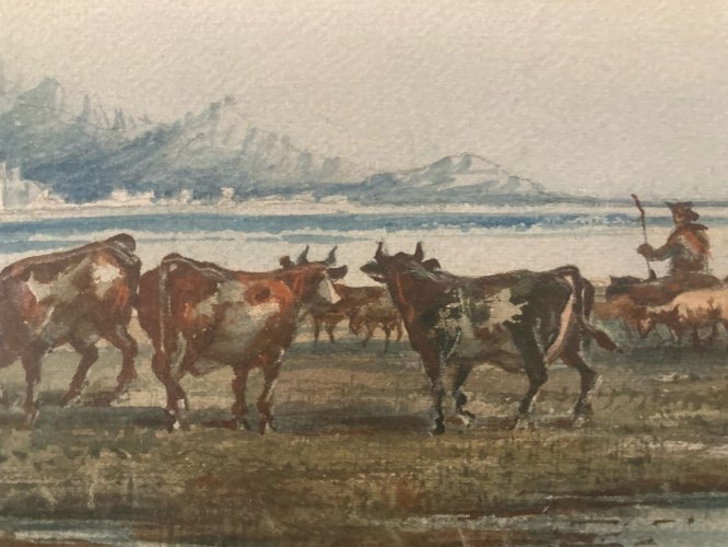 Peinture XIXe Gouache Emile Henry Troupeau Vache Animal Art Ancien Painting Old