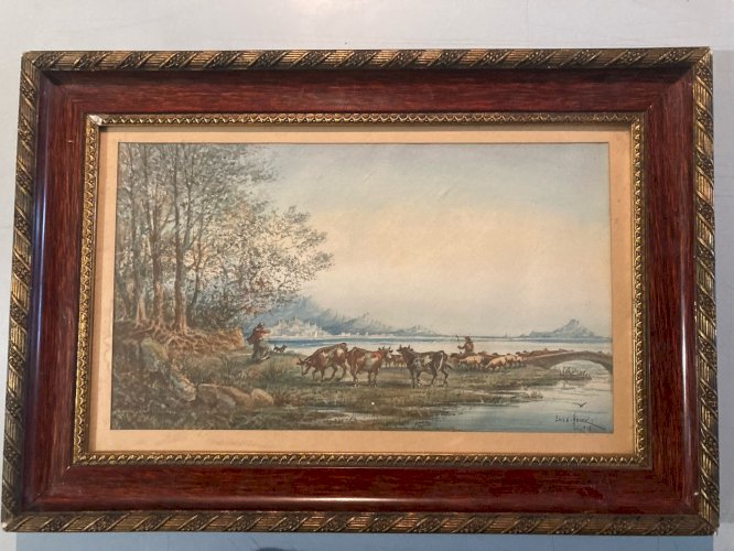 Peinture XIXe Gouache Emile Henry Troupeau Vache Animal Art Ancien Painting Old